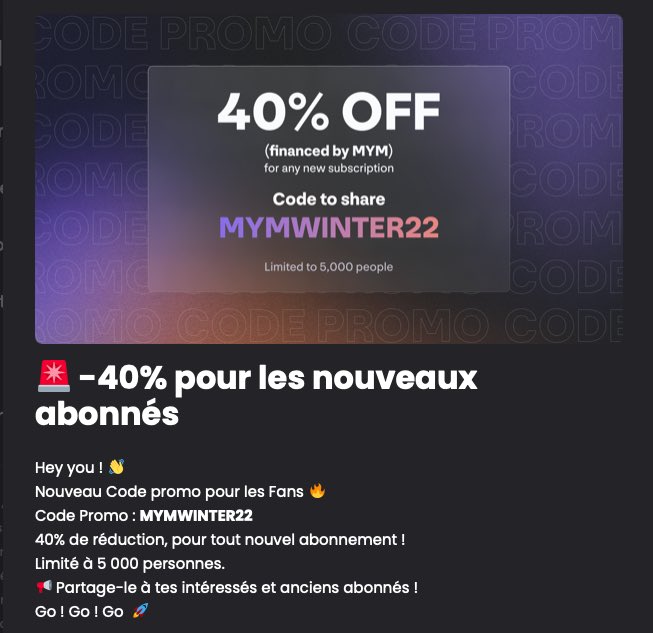 ⚠️🚨CODE PROMO -40%‼️🎁  MYM offre -40% sur l&rsquo;abo pour les 5.000 premiers ! 🔥 Rejoins-moi VITE ici 👉🏼 https://t