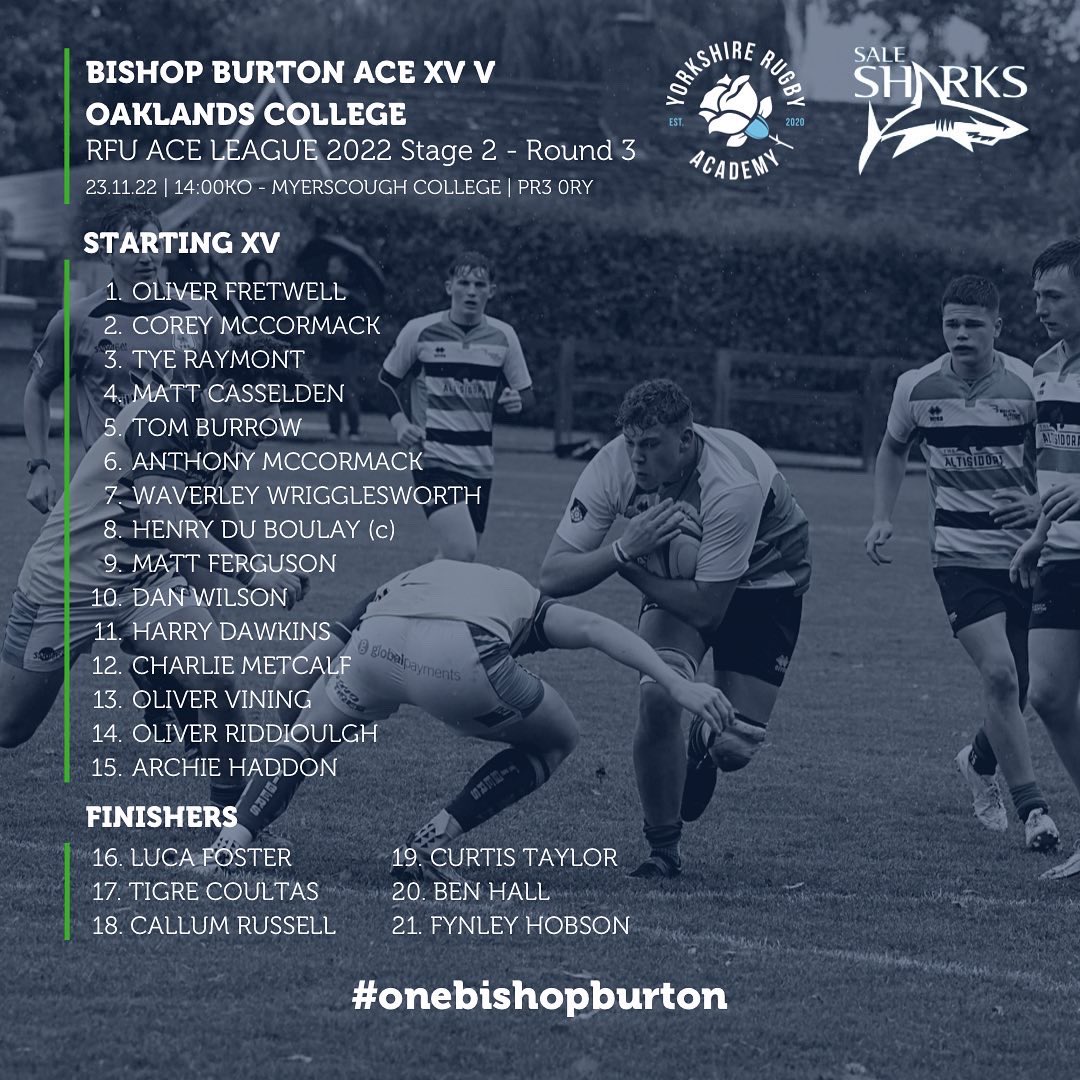 OneBishopBurton's tweet image. Only 2 fixtures this week for #acerugbyacademy

The ACE squad look to put the last result against @MyerscoughRugby behind them and build on successful wins over the last 3 weeks.

College XV take on New College Doncaster.

#onebishopburton