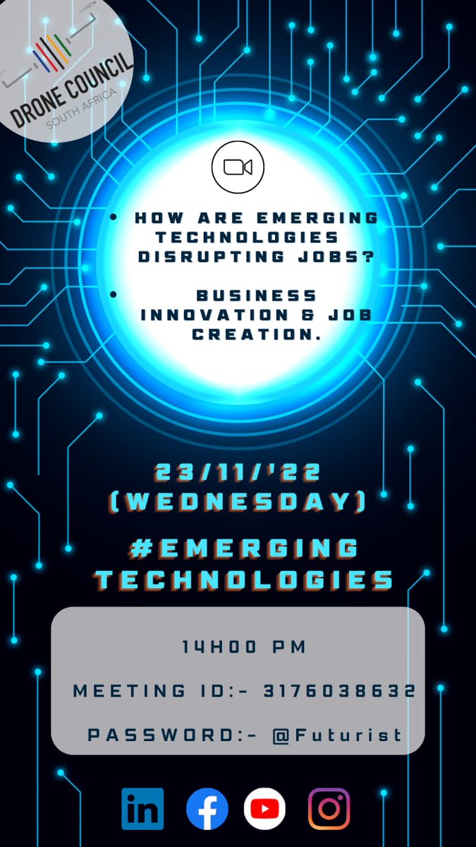 DRONES WEBINAR LINK

Drone Council SA invites you to a webinar on 

Wedn 23 Nov at 14h00.

Join Zoom Meeting
us06web.zoom.us/j/3176038632?p…

Meeting ID: 317 603 8632
Passcode: @Futurist