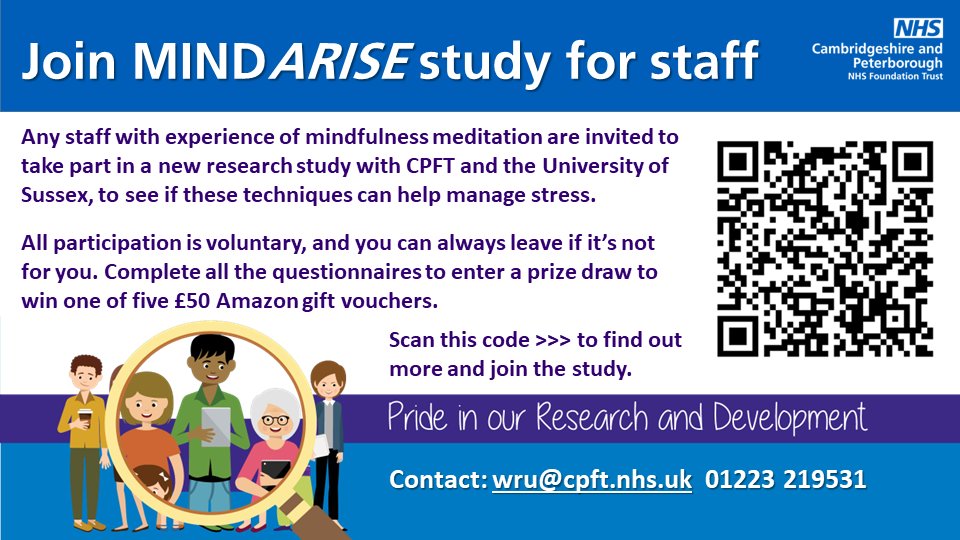 If you have tried any #Mindfulness meditation 🧘‍♀️🧘‍♂️ approaches, please consider taking part in the MINDARISE study with <a href="/CPFT_NHS/">CPFT</a>. 
Help us explore how mindfulness could support staff to beat #stress in the workplace. 
Read more and join the study here: 
➡️ bit.ly/3SWuXDB