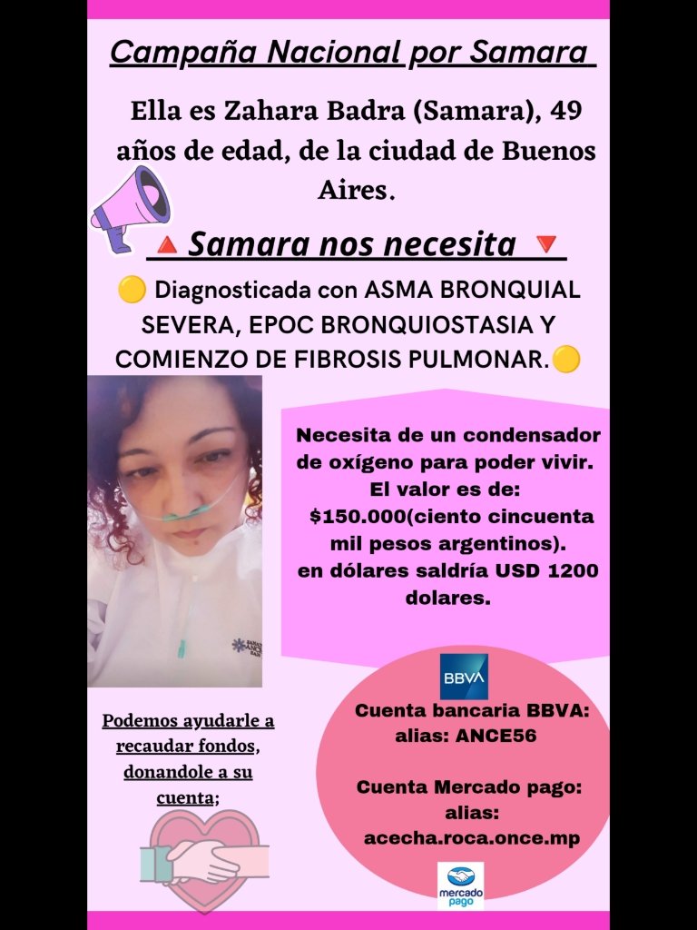 ChilecitoMup's tweet photo. TODOS POR SAMARA⚠️
🔸 Compañeros, Hoy Samara nos necesita.

Está necesitando de un condensador de oxígeno para poder seguir viviendo.
El valor es de $150.000 (ciento cincuenta mil pesos argentinos) en dólares: USD 1200 USD.
🔸Hagamos viral este pedido por Samara.🔸 https://t.co/e71t5Slgvm