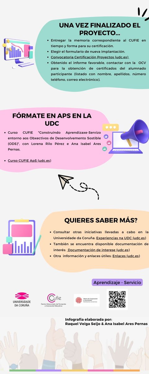 CUFIE_UDC's tweet photo. 📢Eres PDI da @UDC_gal? Gustaríache desenvolver un proxecto de #AprendizaxeServizo nas túas aulas? Nesta infografía elaborada pola profesora @VeigaSeijoRaque tes toda a info necesaria ⬇️⬇️E se che quedan dúbidas chámanos! https://t.co/zJfdu6ogZi