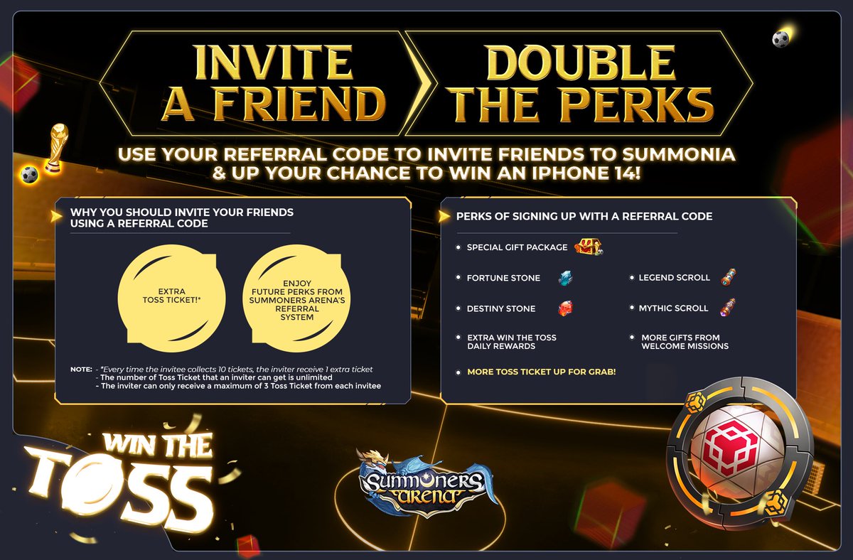 SummonersArena's tweet photo. The more, the merrier! Here’s why you should invite your friends to join our Win the Toss event ⚽️
More deets ⤵️
#PlayOwnEarn #SummonersArena #Idle #RPG #WinTheToss #BNB #FootballFiesta https://t.co/sr1BIRmQzf