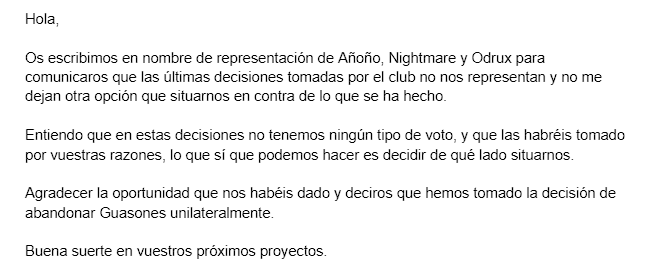 Odrux_'s tweet photo. Tanto por mi parte como la de @AnionioCaster y @Jesus_GG98 no apoyamos esta decisión.

Consideramos que es un error y que no sigue con los valores que creemos correctos, haciéndonos abandonar Guasones.

Dicho esto agradecer a @Guasones la oportunidad ofrecida.

Comunicado ⬇️⬇️⬇️ https://t.co/KG5jjo5u7J