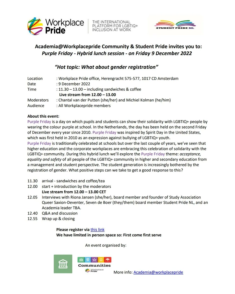 StudentPrideNL's tweet photo. Iedereen is uitgenodigd voor onze Paarse Vrijdag hybride lunch sessie met Workplace Pride, waarin met studenten gesproken wordt over genderregistratie! 

🥪☕🗣️

Ben jij er ook bij? Schrijf je in:
https://t.co/Kqy76WPTeQ

Bijwonen kan zowel online (livestream) als fysiek! https://t.co/3nMk7tz7LU