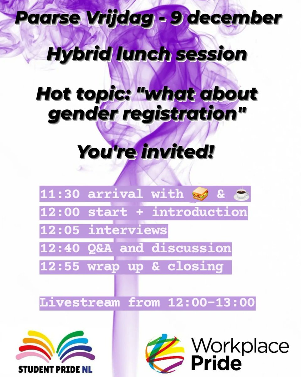 StudentPrideNL's tweet photo. Iedereen is uitgenodigd voor onze Paarse Vrijdag hybride lunch sessie met Workplace Pride, waarin met studenten gesproken wordt over genderregistratie! 

🥪☕🗣️

Ben jij er ook bij? Schrijf je in:
https://t.co/Kqy76WPTeQ

Bijwonen kan zowel online (livestream) als fysiek! https://t.co/3nMk7tz7LU