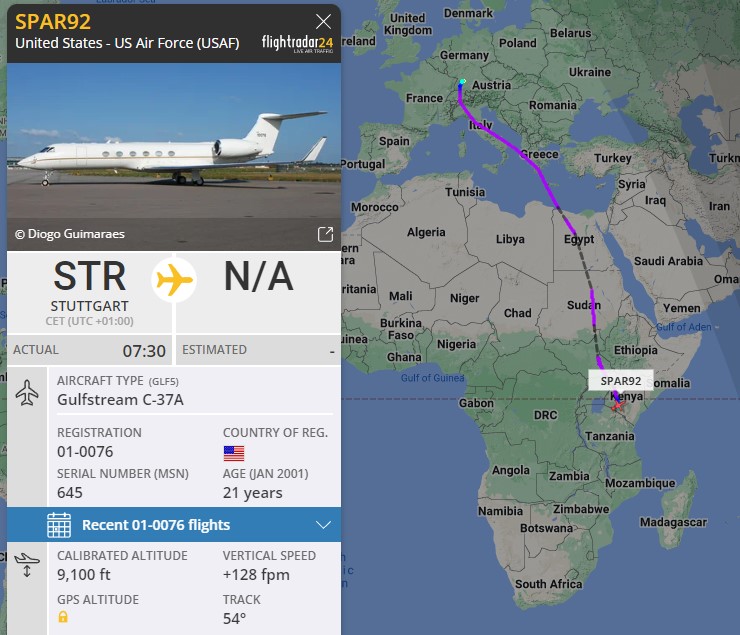 Laurent_Le_Bloa's tweet photo. High #USAFRICOM VIP inboard C-37A #SPAR92 fm #Stuttgart #Germany landing #Nairobi #Kenya
Noticed that flight is direct not via #Djibouti
@RAbdiAnalyst @Abdi678 @G_OnTheGround @ATCprowler @kinjeketile @OAbraar @EastAfricanWild https://t.co/KDa1yChR7N