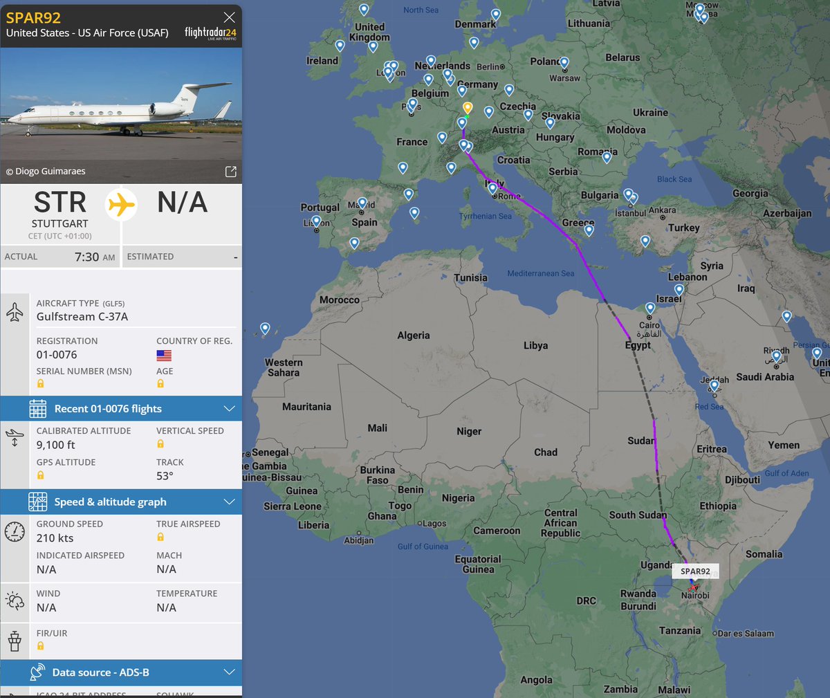 Dinlas3's tweet image. 🇺🇸 US Air Force (USAF)  Gulfstream C-37A as #SPAR92 (Special Priority Air Resource) from Stuttgart, DE to Nairobi,KE.