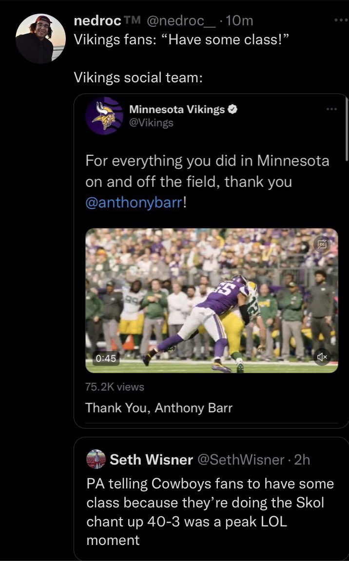 nedroc__'s tweet photo. @mattramage It’s peak comedy when Vikings staff ask for class, but then they post this: https://t.co/jgdeyvgxGc