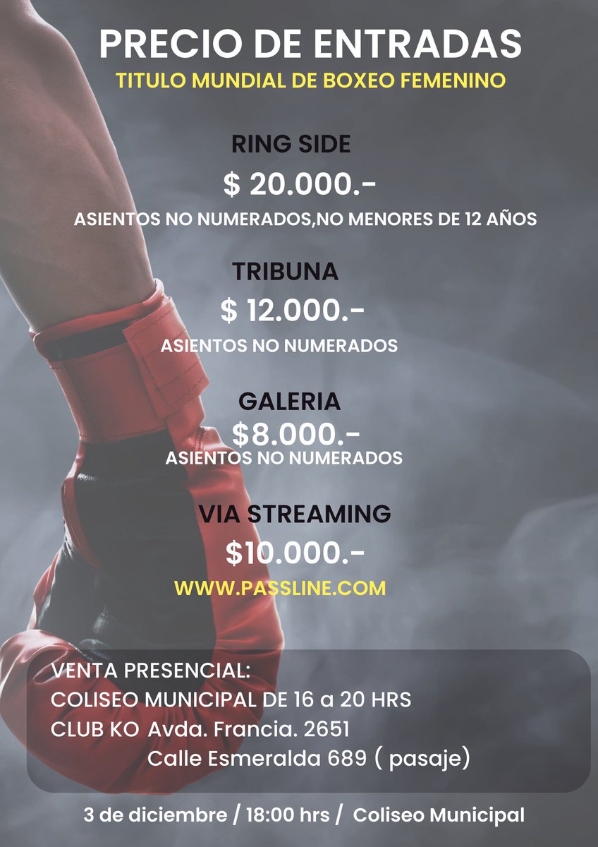 DanielaAsenjoG's tweet photo. Recuerden‼️
Que desde hoy martes 22 de 16 a 20 hrs comenzará la venta de entradas en el Coliseo Municipal
Sigue la venta en #CluBKO y en la pag web de @PassLineChile https://t.co/7PZTlrZGIL
NOS VEMOS EL 3 DE DICIEMBRE 🥊
@munivaldivia @biobio @radio_austral @Vanexvaldivia https://t.co/jeMLqX4qo2