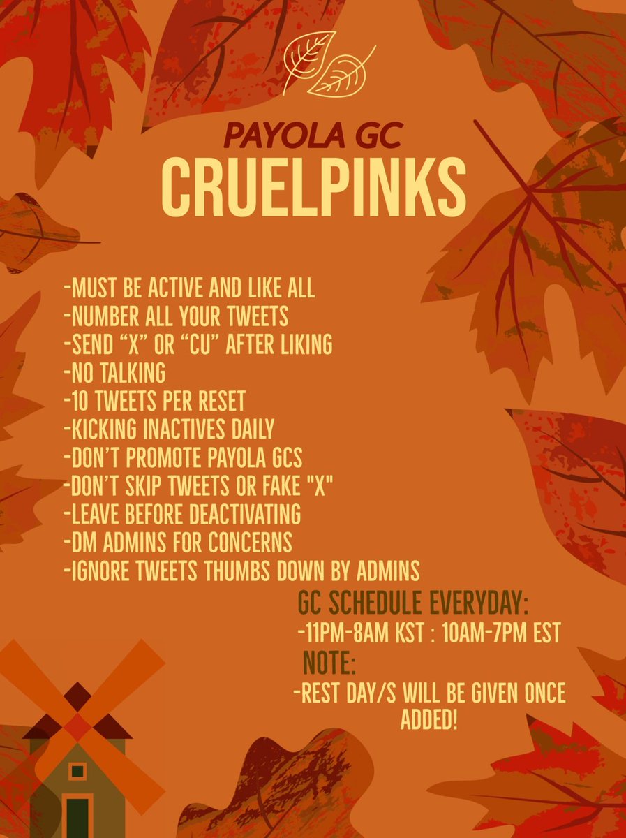 🚨RECRUITING FOR CRUELPINKS ACTIVE PAYOLA PROMO PLUG GC🚨

⁃RT and REPLY 
-TAG 2 MOOTS
⁃MUST follow admins: <a href="/CRUELPINKS/">CRUELPINKS/CLOSED</a> @jisoozion 
⁃Daily kicking ias
-70+ likes guaranteed (we check)
-fandom/fanwar tweets allowed 
-easy cu 
-STRICTLY for actives only!
