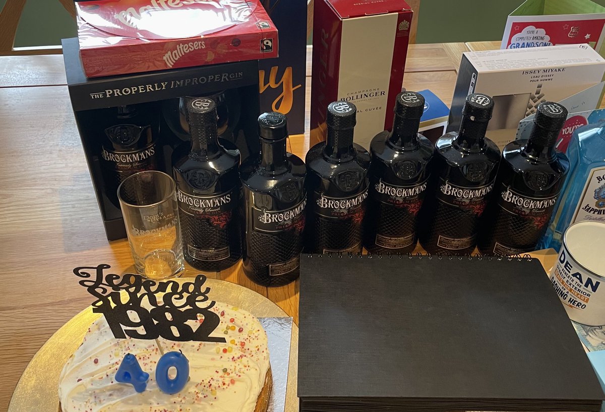 the1stemerson's tweet photo. Dear @BrockmansGin today is my 40th I’ve been spoiled…..Can you tell what my favourite drink is? I should be on commission 😂😂😂 https://t.co/rif6pJSW0N