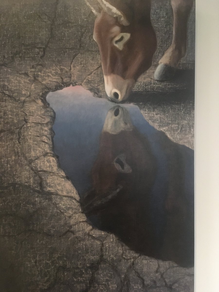 botts_jeremy's tweet image. O Magnum Mysterium, a 2012 painting by my friend and emeritus colleague Joel Sheesley, part of the art collection on the 5th floor of the Billy Graham Hall @WheatonCollege. The blacktop texture was rubbed/sanded from his own driveway. #painting #friendlybeasts #babyjesus