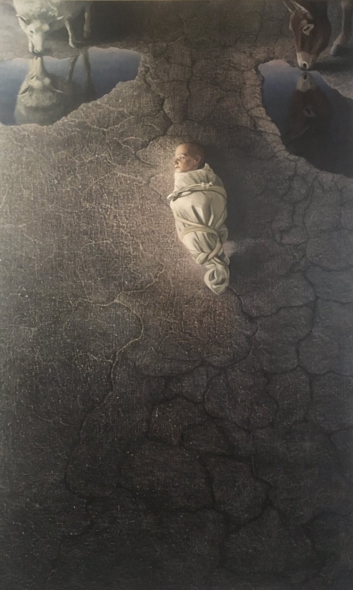 botts_jeremy's tweet image. O Magnum Mysterium, a 2012 painting by my friend and emeritus colleague Joel Sheesley, part of the art collection on the 5th floor of the Billy Graham Hall @WheatonCollege. The blacktop texture was rubbed/sanded from his own driveway. #painting #friendlybeasts #babyjesus