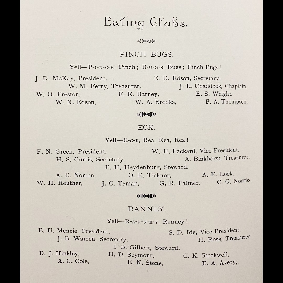 OC_Archives's tweet image. Happy Holidays Comets! Hope you have a great Thanksgiving. Back in 1893 Olivet College had multiple eating clubs focused on different types of food, would you eat "Pinch Bugs" for your Thanksgiving dinner?