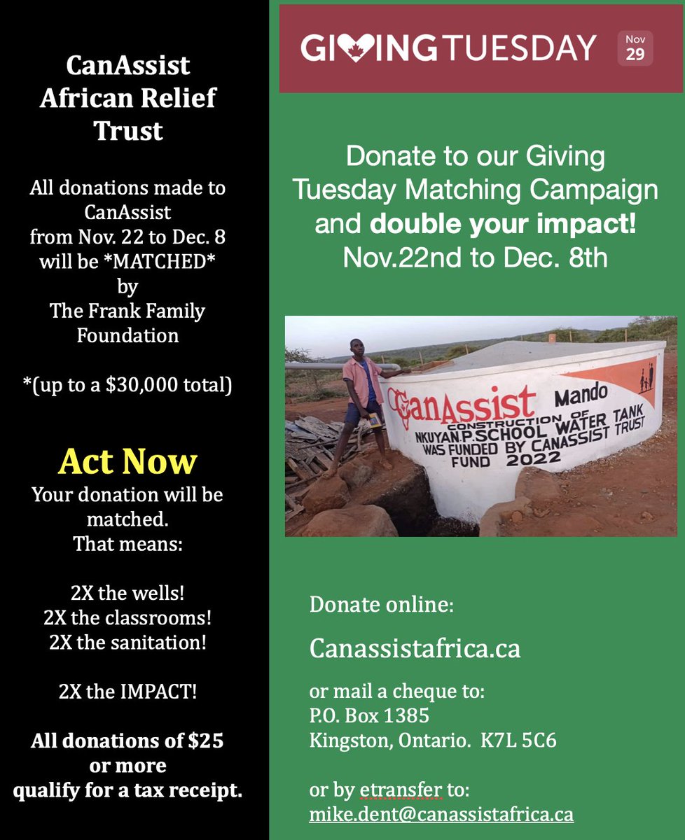 Today is the day!  Donate to the CanAssist African Relief Trust and have your donation matched by the Frank Family Foundation.  Help us to help others during this season of giving!  canassistafrica.ca