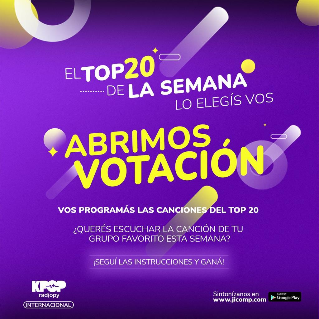 kpopradiopy's tweet photo. ☺️ Solo serán válidos los votos que sigan la consigna ☺️

📡 Votación Top 20 📲
*KPOP RADIO INTERNACIONAL*

🎧 Aquí escucharás a los artistas del momento 🤩
👉🏻 Vos programás las canciones de este fin de semana 🥳 https://t.co/aw2mXooWEy