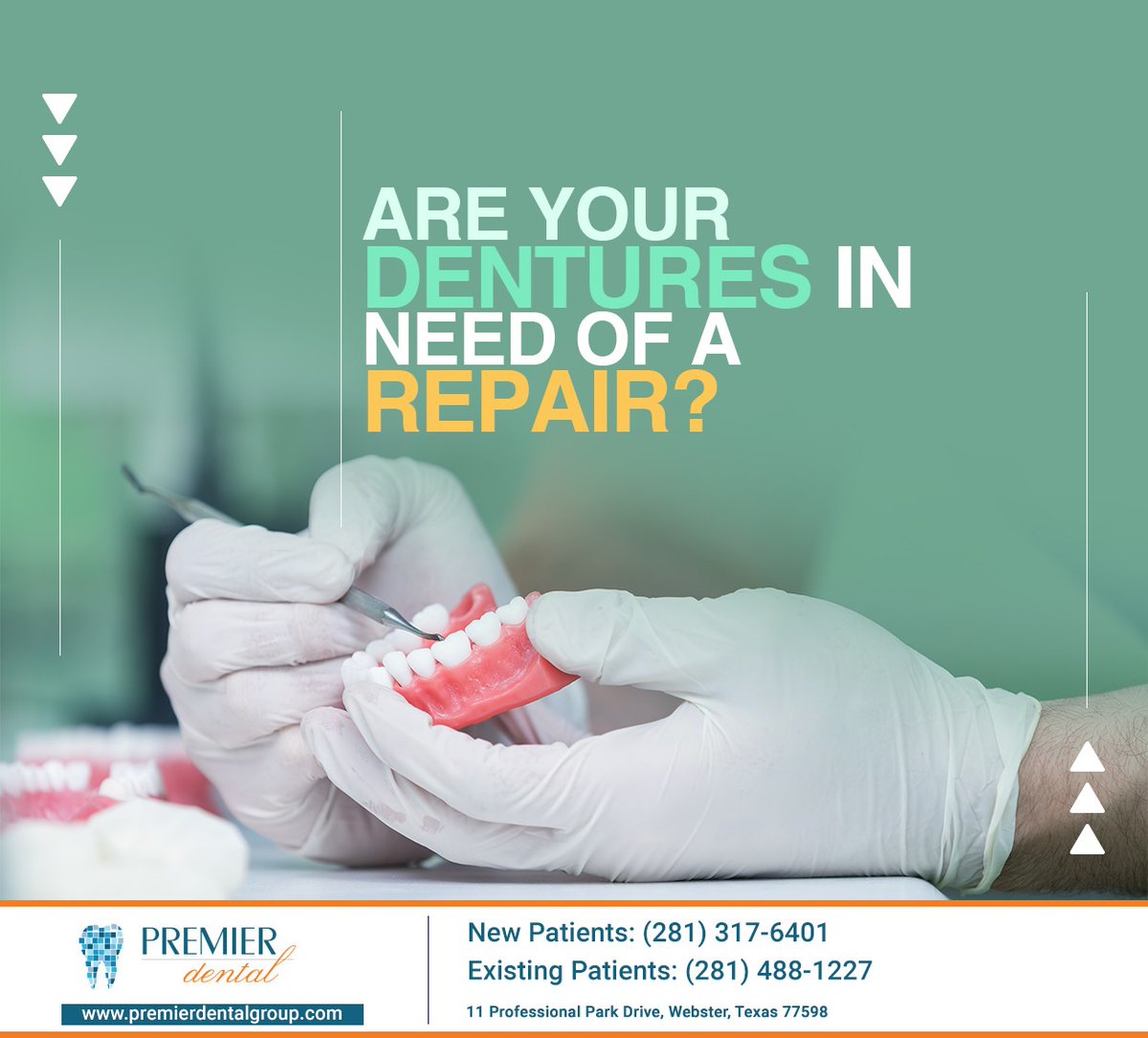 PremierDentalCL's tweet photo. If you've broken your dentures, we can repair them for you in no time. Call (281) 317-6401 if you require our assistance, and we will help you maintain your smile. #dentures #healthysmiles #premierdental #mauriciorodriguezdds #webster #TX https://t.co/os4Ep2AiBz