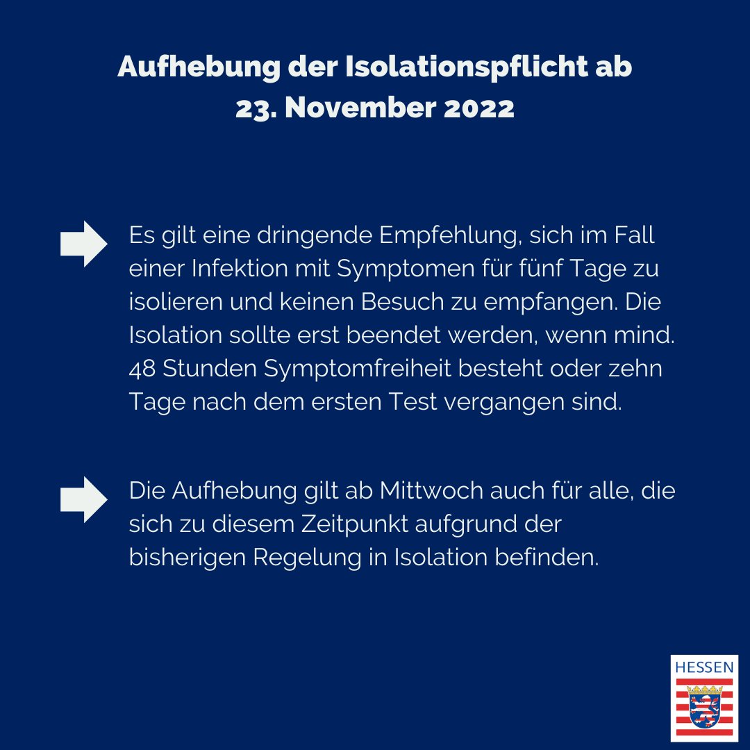 Die Landesregierung hat beschlossen, die #Isolationspflicht für positiv auf das #Corona-Virus getestete Personen ab Mittwoch aufzuheben. #Hessen ist damit das vierte Bundesland, das sich von der Isolationspflicht für Corona-Infizierte verabschiedet. ℹ️  hessenlink.de/Isolationspfli…