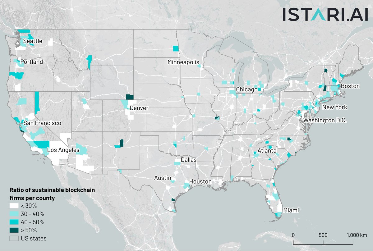 One of the topics we are the most interested in at the moment is #blockchain. This map shows the share of #sustainable companies in all companies using blockchain technology in the US at the county level. It is one of the results of our ongoing study about blockchain diffusion.