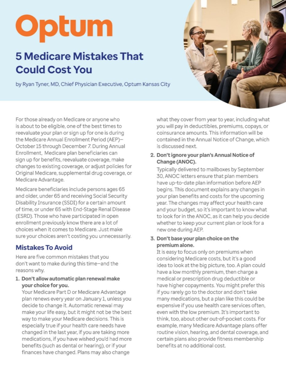 SimplyKCMag's tweet photo. There are a lot of choices when it comes to Medicare. You wanna make sure your choices aren’t costing you unnecessarily so here’s a list of five common mistakes to avoid during this time. (page 16)

Written by Ryan Tyner, MD, Chief Physician Executive, @Optum  Kansas City https://t.co/ed42WfhdcF