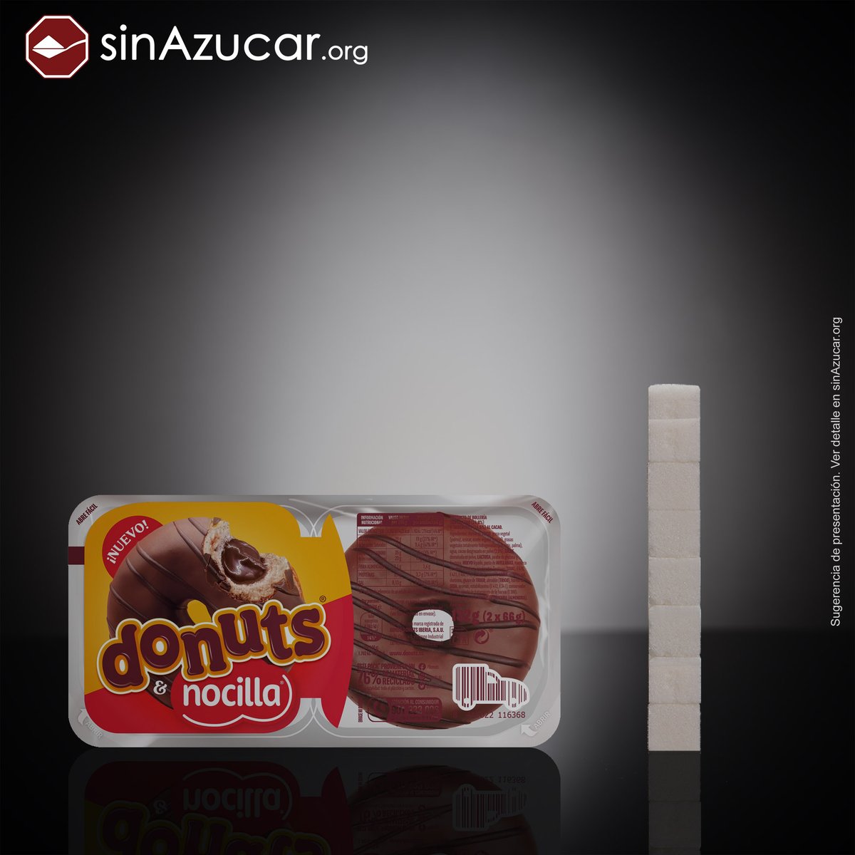 Dos donuts nocilla contienen 30,4g de azúcar, equivalente a 7,6 terrones.