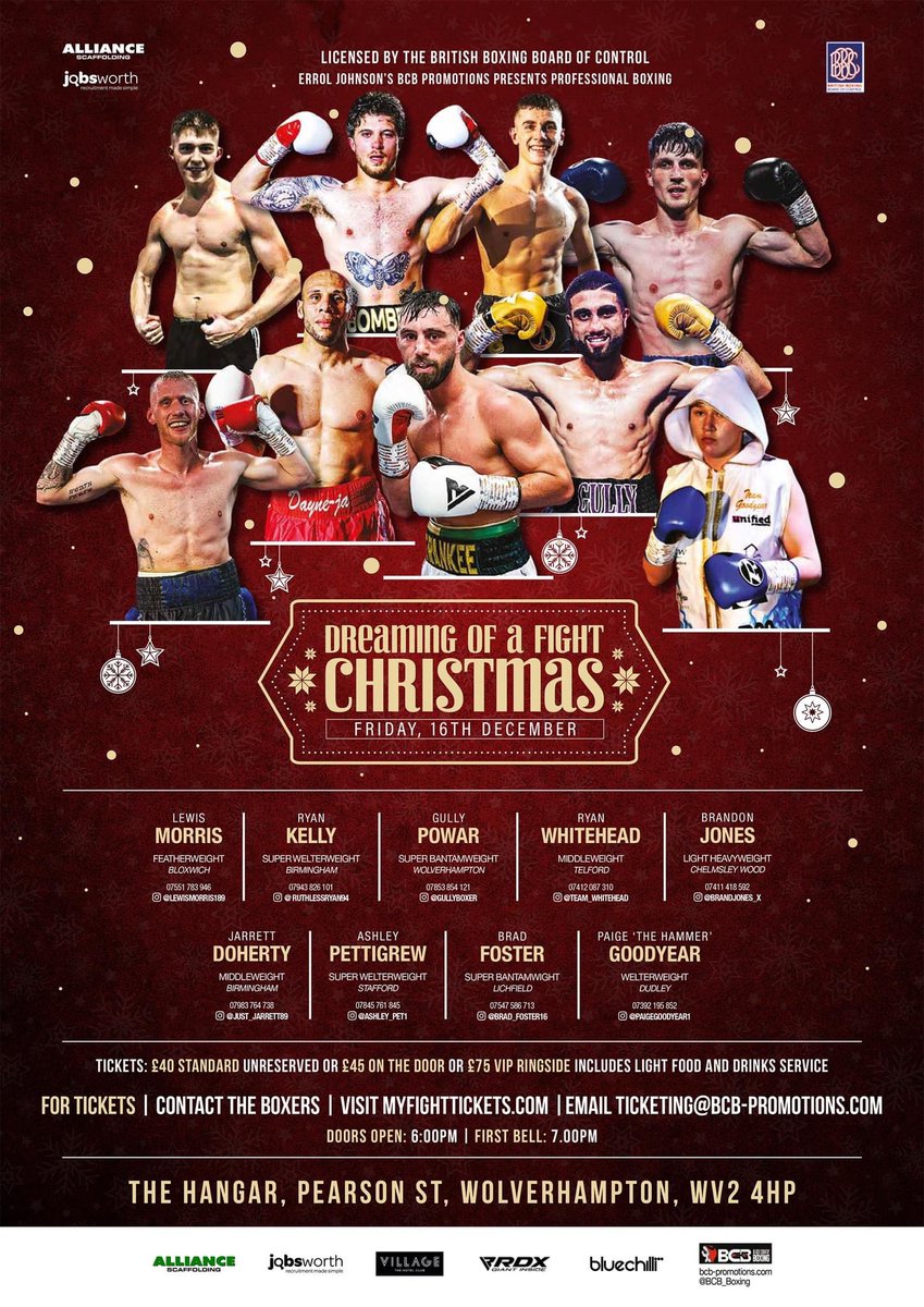 🥊 Dreaming Of A Fight Christmas 🏟 @HangarVenue 📅 16th December 2022 🥊 Ryan Kelly, Brad Foster, Brandon Jones, Gully Powar, Ryan Whitehead, Paige Goodyear, Ashley Pettigrew, Lewis Morris, Jarrett Doherty 🎫 £40 and £75 @myfighttickets