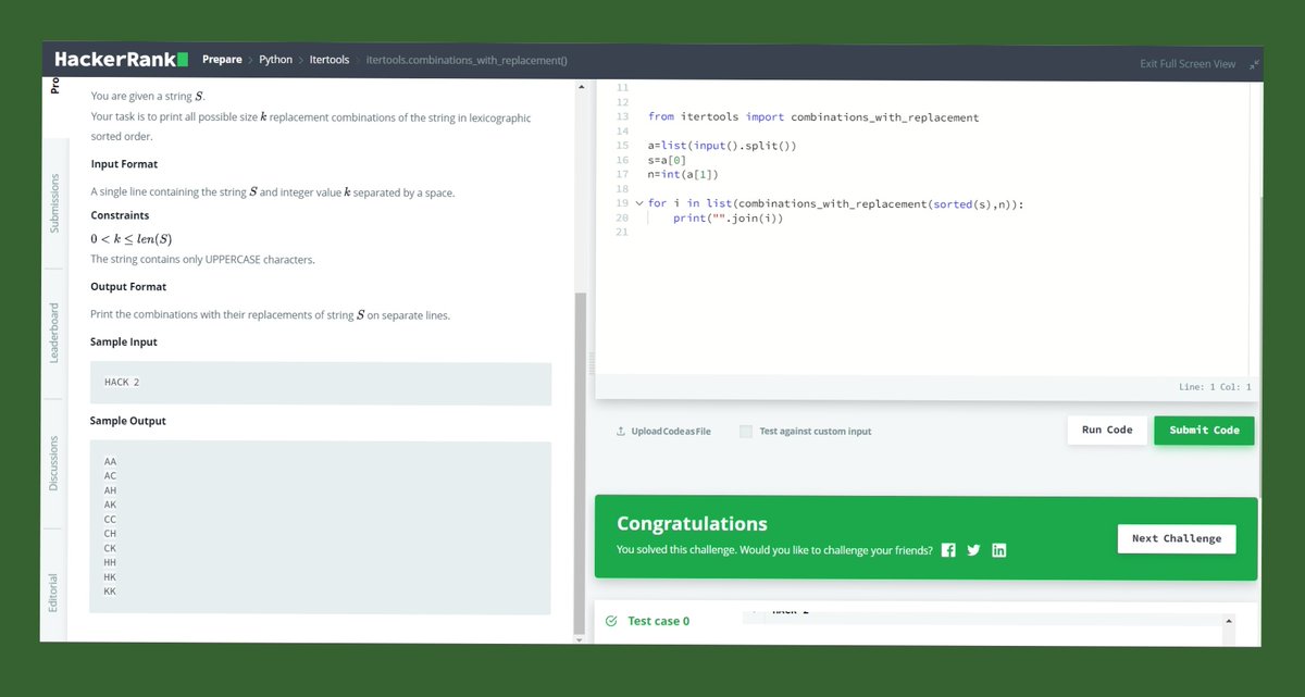 SujiMarium's tweet photo. Day 46 ✅
#100DaysOfCode 
#Python
#hackkerank
#itertools https://t.co/KwNpky0BoV