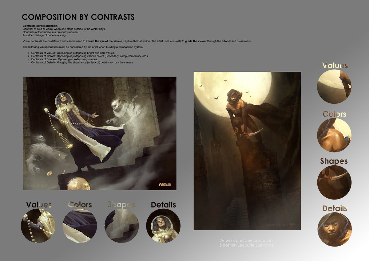 JoelCHoltzman's tweet image. After last weeks portfolio reviews I noticed a common problem among submisions:
A lack of focus in the images, making them very hard to read.
I can advice to look at this chart by Bastien L. Deharme. Here he explains the different types of contrasts that can enhance an image-