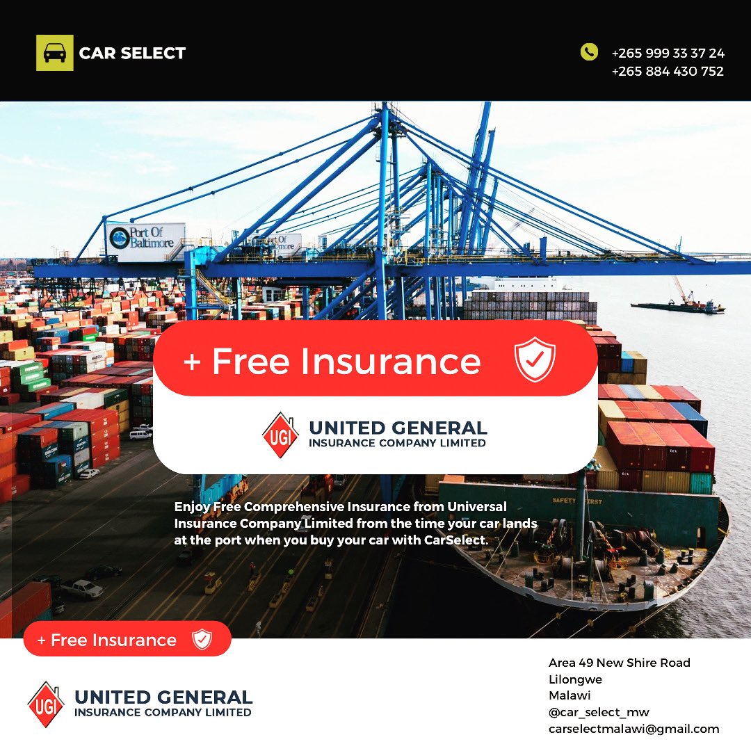 Car_Select_mw's tweet photo. Did you know that when you buy a car from us, you get free comprehensive Insurance from the port till you drive the car, courtesy of our partnership with United General Insurance (UGI). That’s why CarSelect is the choice for you!

#carselectmw #christmas #carservices https://t.co/rnjS5tENuE