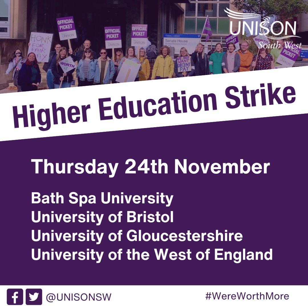 UNISONSW's tweet photo. 🚨 Thousands of university staff are on strike today, @UNISONtheunion members are joined by @ucu members on the picket line ✊🏼

- Bath Spa University
- University of Bristol
- University of Gloucestershire
- University of the West of England

#WereWorthMore https://t.co/TgfMUWguE7