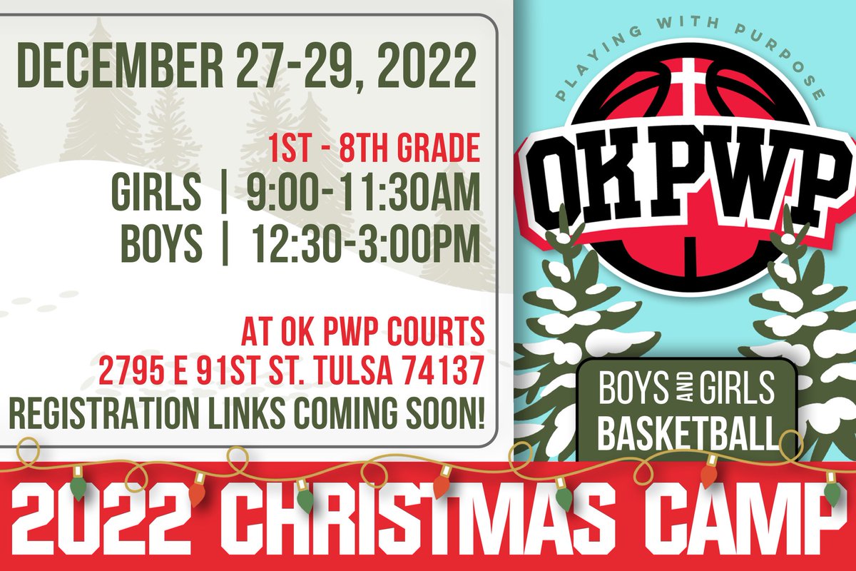oklahomapwp's tweet photo. SAVE THE DATE! 🗓️ DEC 27-29

PWP’s 2022 Christmas Camp dates have been set! Registration links are not live yet - but will be in the next few days! So go ahead and mark your calendars! We look forward to seeing you there! 

Happy Holidays! https://t.co/jcbVEoAvV9