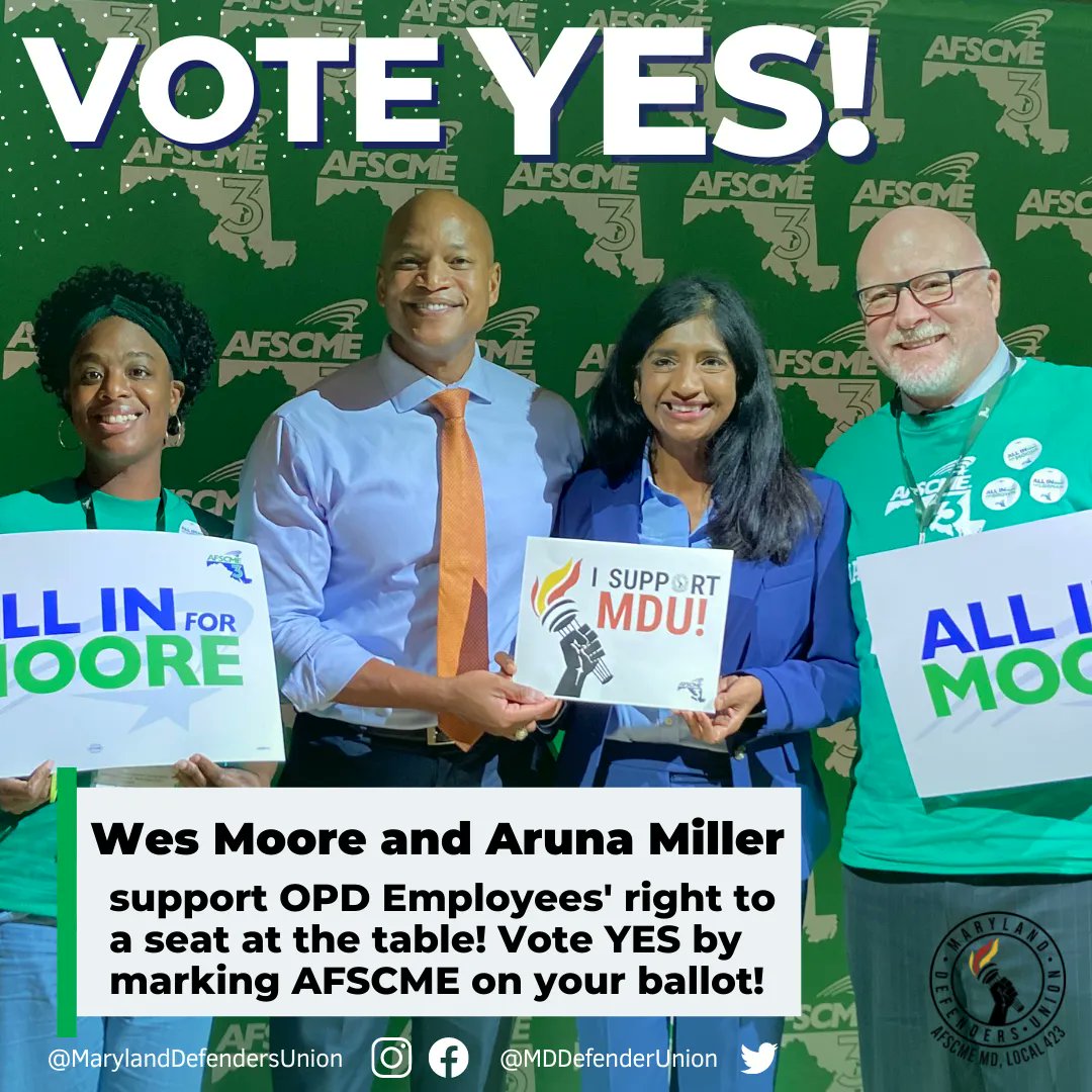 MDDefenderUnion's tweet photo. Governor-elect Wes Moore and liutenant governor-elect Aruna Miller support OPD employees' right to a seat at the table!

VOTE YES in our union certification election! Postmark your ballot by December 1! 📩 📅 Send us a 📸 of you VOTING YES ✅ to marylanddefendersunion@gmail.com! https://t.co/hWrq7Huoxi