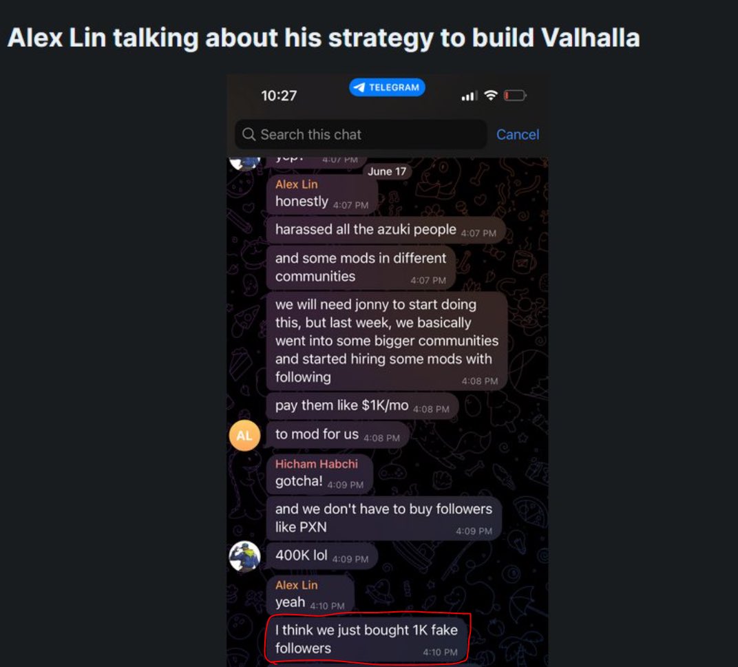 barkmeta's tweet photo. Valhalla will raise $6 million dollars, the founder @alexlin has confirmed it will rug, has confirmed botting and has multiple identities...

Meanwhile - @shilllin is targeted by @valhalla community, mass reported and permanently suspended.

Do better Twitter &amp; Web3. https://t.co/CJbyIRg1JZ