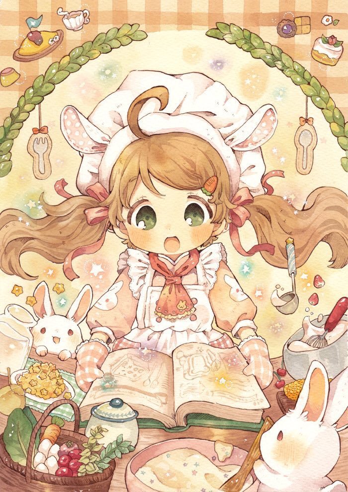 1girl twintails oven mitts food rabbit apron food-themed hair ornament  illustration images