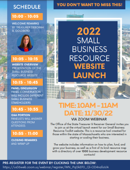 MASSCLEANWATER's tweet photo. Are you a #smallbusinessowner in MA looking for more resources? Treasurer Goldberg invites you to the launch of @MassTreasury's newly designed #smallbusiness Resource Toolkit website. Register to learn more: https://t.co/MlqgvXLHvg https://t.co/DinIZSpZ6D