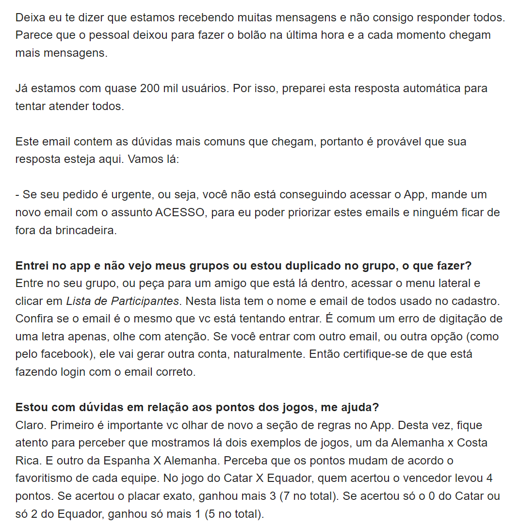 Bolao2018's tweet photo. Muita gente mandando email e é impossível eu, sozinho, atender o volume de mensagens que chega. É provável que as suas dúvidas estejam aqui: https://t.co/lvVE0arEkX