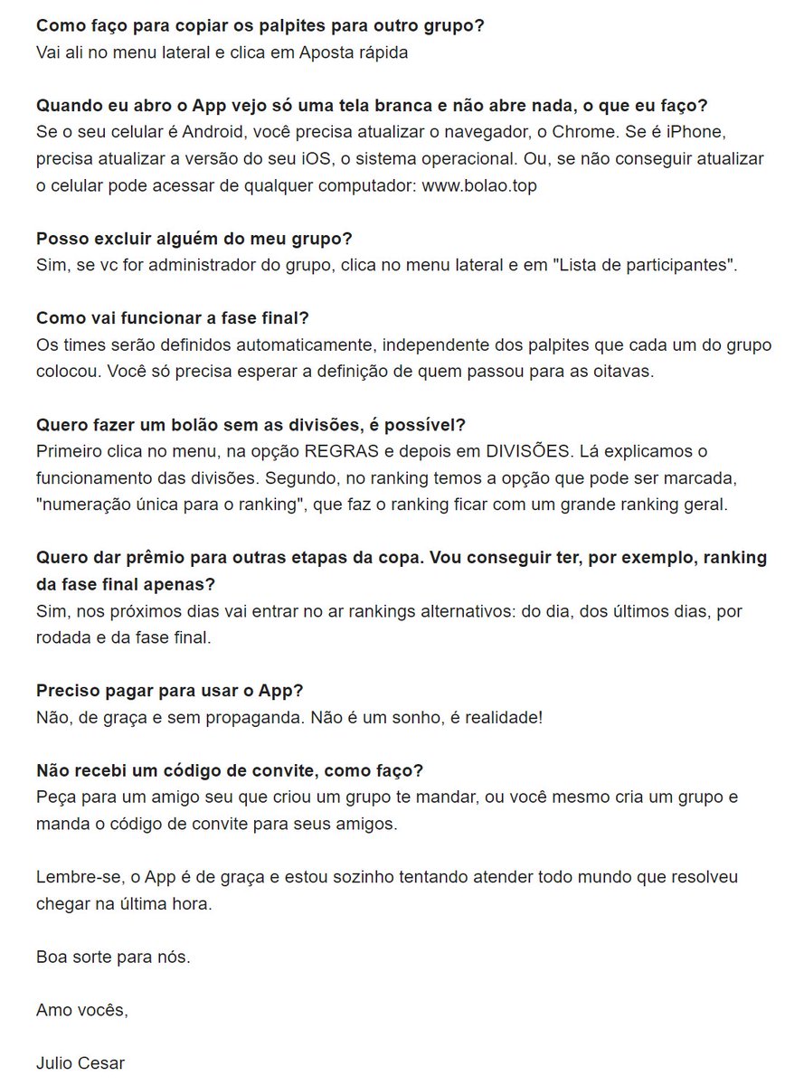 Bolao2018's tweet photo. Muita gente mandando email e é impossível eu, sozinho, atender o volume de mensagens que chega. É provável que as suas dúvidas estejam aqui: https://t.co/lvVE0arEkX