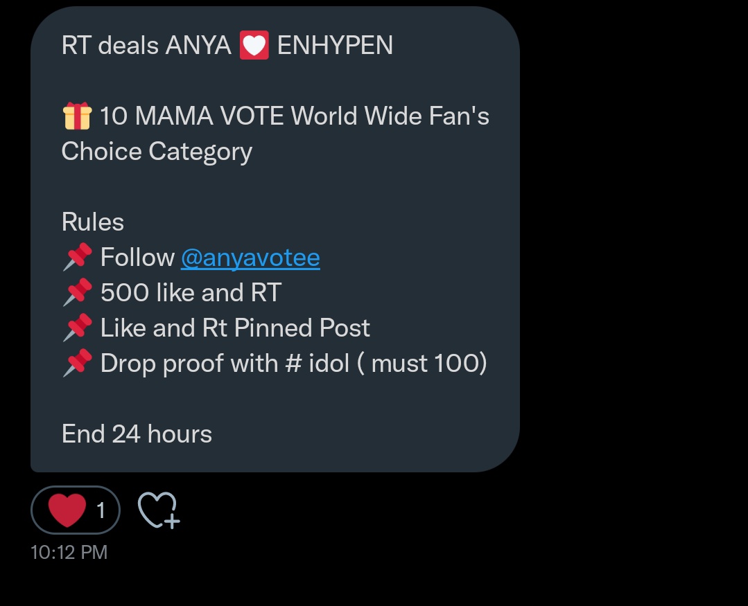 jdennikiiz's tweet image. 🚨🚨ENGENES ANOTHER DEAL HERE🚨🚨

RT deals ANYA 💟 ENHYPEN

🎁 10 MAMA VOTE World Wide Fan's Choice Category

Rules
📌 Follow @anyavotee 
📌 500 like and RT
📌 Like and Rt Pinned Post
📌 Drop proof with # idol ( must 100 )

End 24 hours

LET'S FINISH THIS ENGENES, WE CAN DO IT !