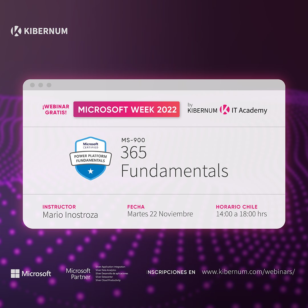 KibernumChile's tweet photo. ¿Ya estás inscrito para el #webinar gratuito de hoy? Nos toca #Microsoft365 Fundamentals (MS-900). 

Hora: 14:00 horas #Chile 🇨🇱

Inscríbete aquí 👉🏻 https://t.co/oGPKp9nSYj 

#MicrosoftWeek #SomosKIBERNUM https://t.co/eisl3Kwh1V