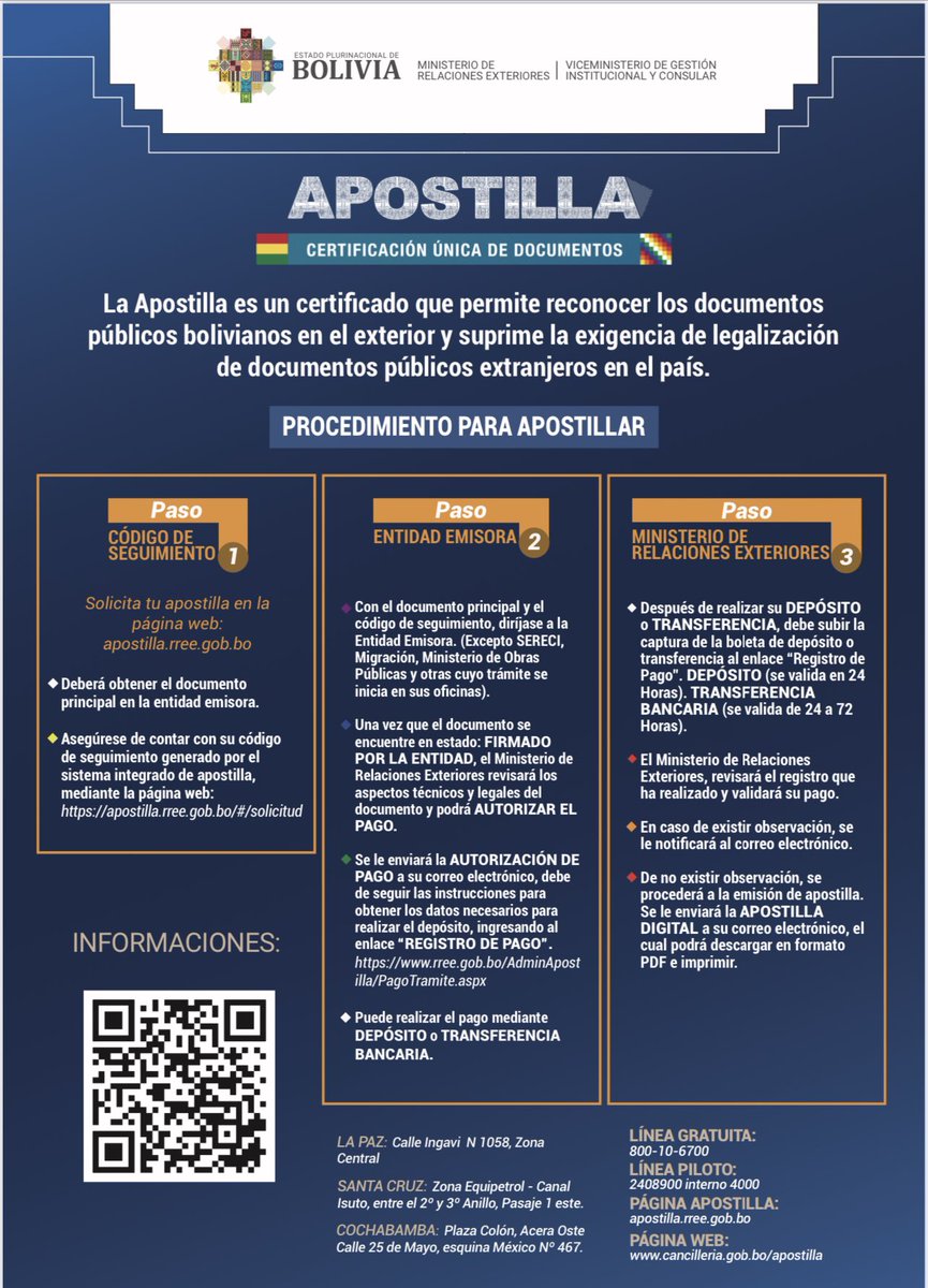 MREBoliviaSC's tweet photo. ¿Tienes dudas sobre el procedimiento para Apostillar? 👇 Te lo explicamos en 3️⃣ simples pasos 

¡Revísa el folleto informativo!

¿Dudas? Comunícate con nosotros 📲 ￼+591 71270753 https://t.co/BFqNNbY7sH