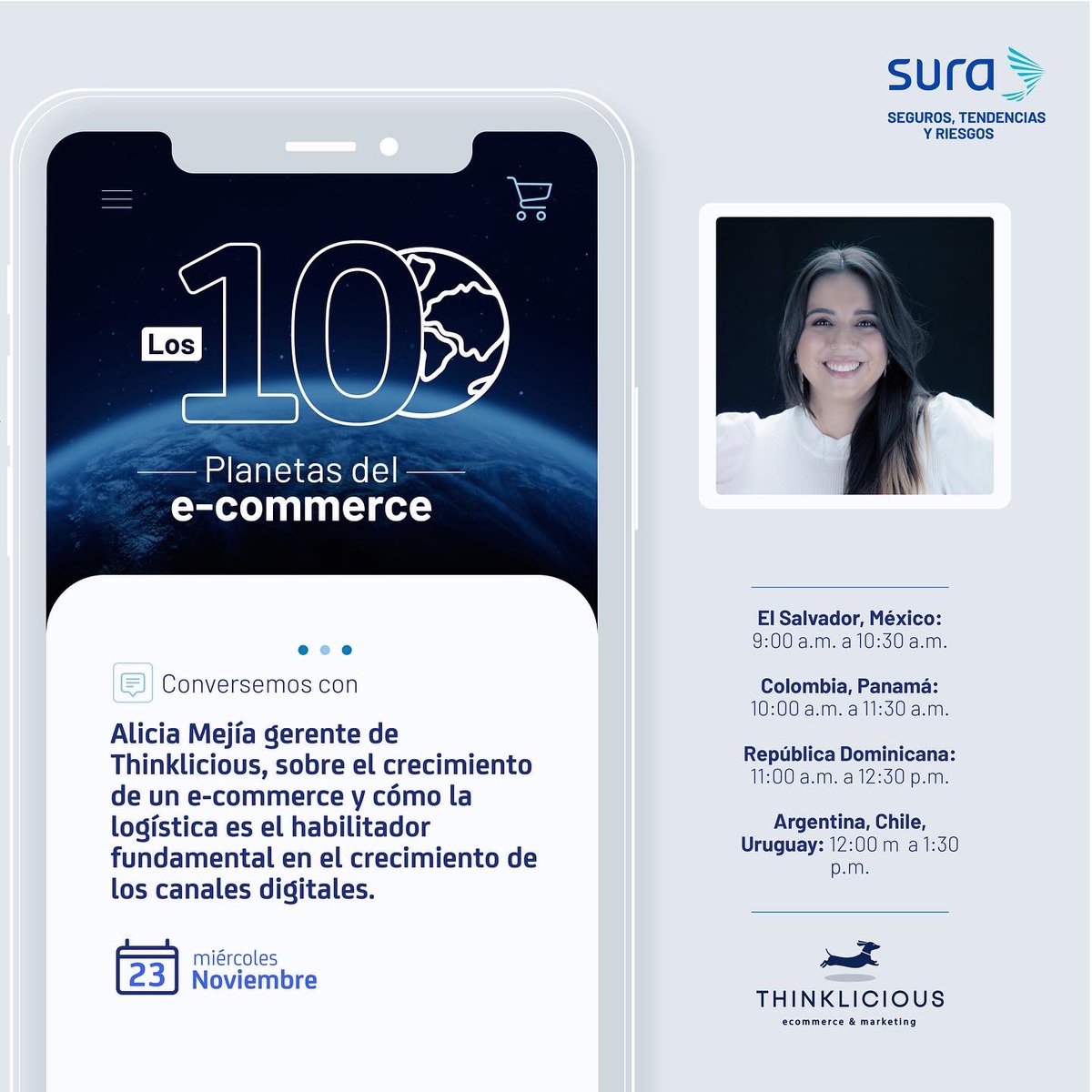 segurossurard's tweet photo. Mañana 23 de noviembre te invitamos a participar de la conversación sobre el crecimiento de un e-commerce, dirigida por la gerente de Thinklicious, Alicia Mejía. Allí podrás aprender sobre las claves para tener un e-commerce exitoso. https://t.co/OUjYQXJ6Ue