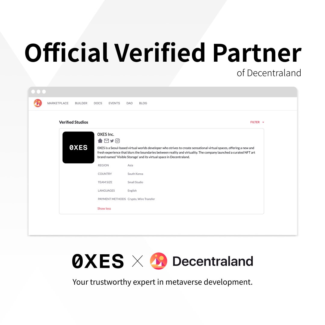 visible_storage's tweet photo. 🎉 Official Verified Partner of Decentraland 🎉

Delighted to announce that 0XES has become a verified partner of @decentraland - your trustworthy expert in metaverse development.

Explore and onboard the new world with us!

#0XES #Metaverse #Decentraland

https://t.co/94DrUNOmzV https://t.co/tR3Z1IEHjs