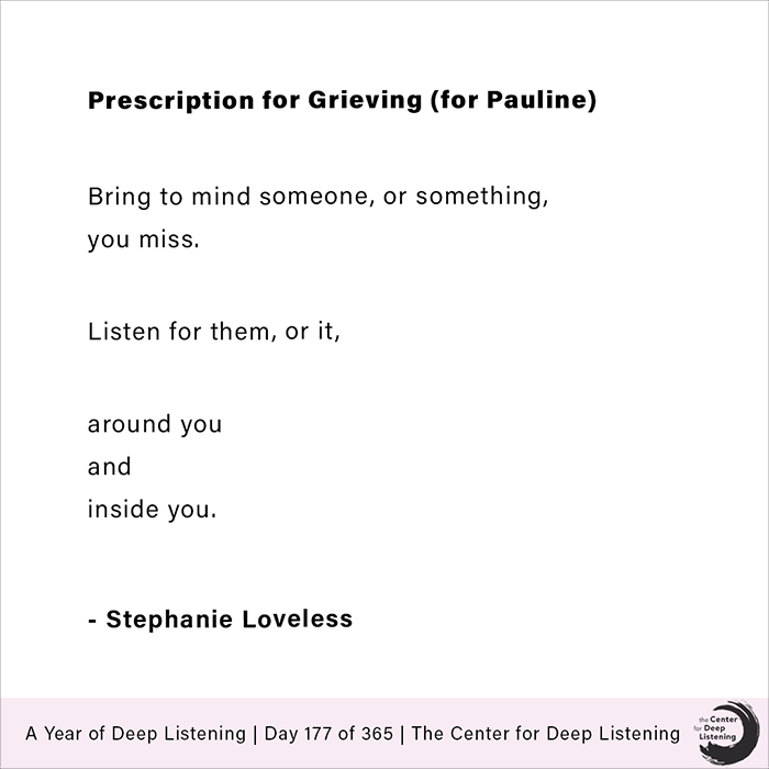 CenterforDL's tweet photo. Day 177 of A Year of Deep Listening:
"PRESCRIPTION FOR GRIEVING (FOR PAULINE)" by Stephanie Loveless

https://t.co/W7c4kbUZah
@stepifany https://t.co/y3u1g6CXOu