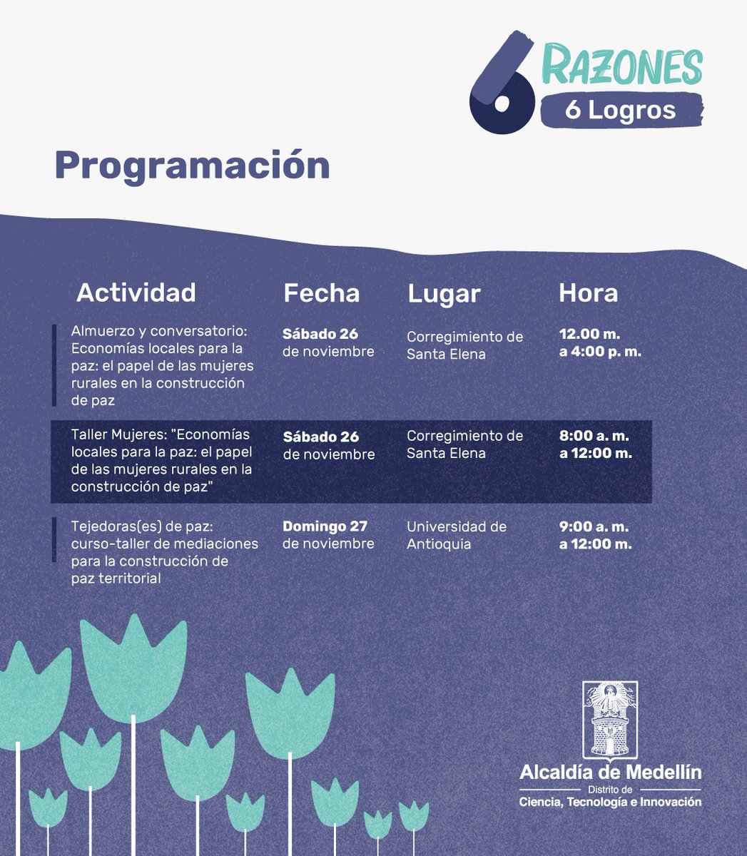 PazDDHHmed's tweet photo. Esta semana vamos a conmemorar el 6to año de la firma del #AcuerdoDePaz con una amplia programación de charlas, eventos y talleres en torno a la paz y a la reconciliación.

¡Acompáñanos! y reafirmemos juntos nuestro compromiso con la construcción de paz con enfoque restaurativo. https://t.co/jBNaCceWmy