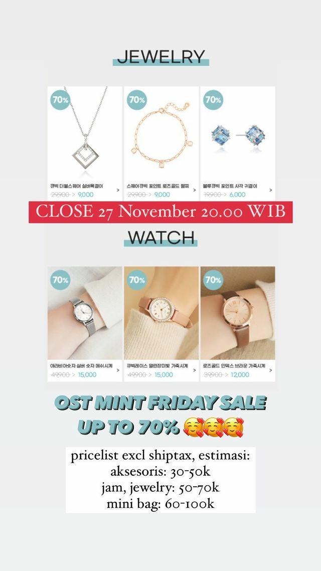 hakipopshop's tweet photo. Open PO OST Mint Friday Sale up to 70% 🥳
Pricelist excld shiptax 
Close 27 November jam 20.00 wib 
Minat bisa isi form Korean Brand di bio 🥳
#OSTWatch #Watch #Jewelry #BrandKorea #JastipKorea https://t.co/FLaHpU5Ncr