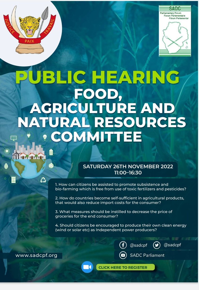sadcpf's tweet photo. Food, Agriculture, and  Natural Resources Committee.                  
Register here: https://t.co/25endPGg3F
Public Hearings on Matters of Regional Interest and Concern. "Consolidating Democracy by Bringing Parliament to the People" 2
#AmplifyingCitizenVoices #SADCYouth https://t.co/XBF9dE2WKk