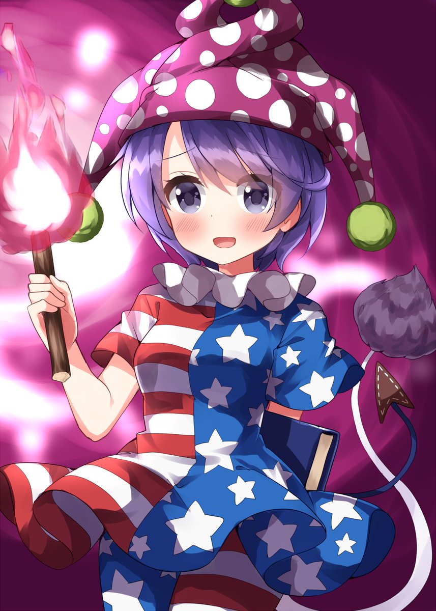 clownpiece ,doremy sweet 1girl solo hat cosplay torch american flag legwear tail  illustration images