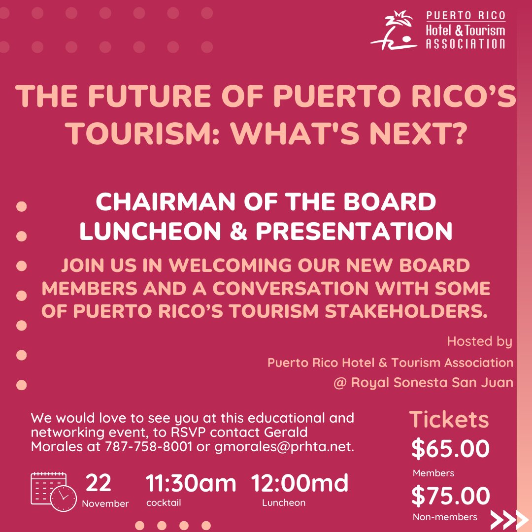 prhta's tweet photo. Join us in welcoming our new board members and having a conversation with some of PR's #Tourism stakeholders today starting at 11:30am at Royal Sonesta San Juan.

RSVP contact Gerald Morales at 787-758-8001 or gmorales@prhta.net.
.
.
.
#PRHTA #PuertoRico #DiscoverPR #TravelToPR https://t.co/WPEe2o82oJ