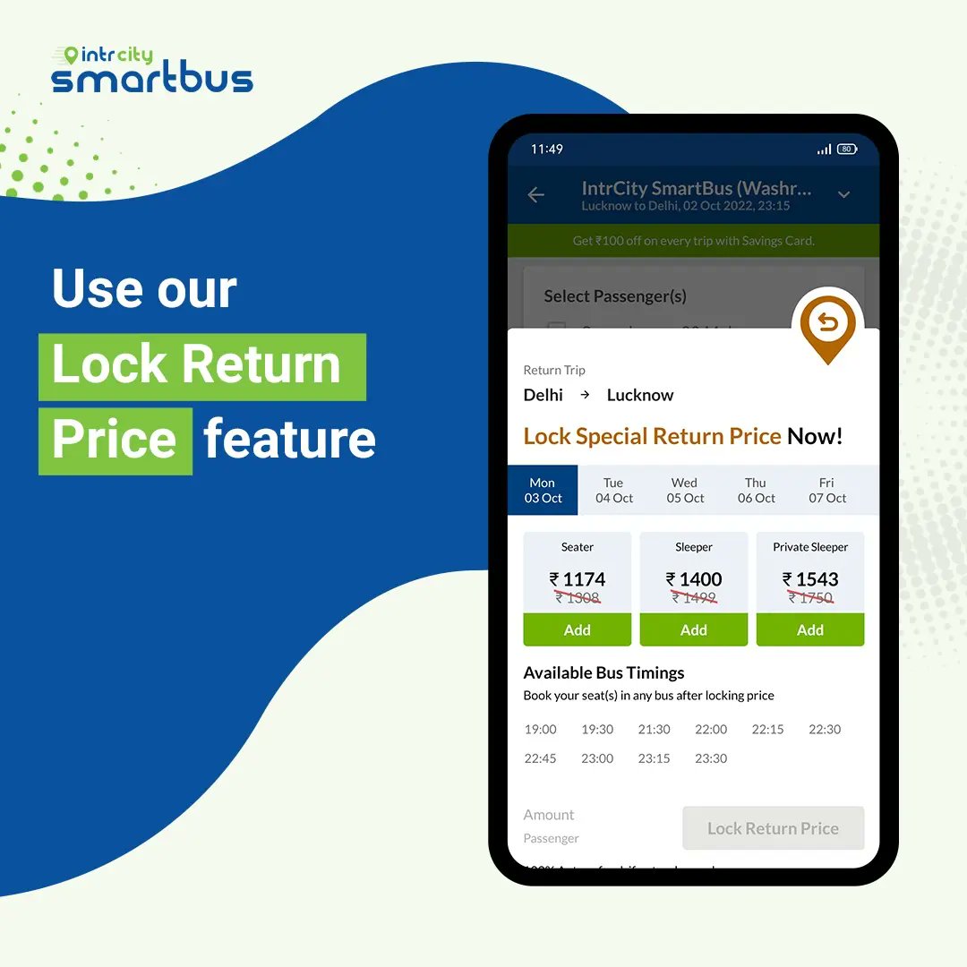 IntrCity's tweet photo. Block return tickets with our special feature to get best prices + save yourself from price rises! Also, for any changes you can either cancel with FULL refund using our Flexi Cancellation feature.
#IntrCity #ItsASmartBus #Travel #Zero #Hassles #Comfort #Full #Upgrade https://t.co/TQOKL9FHWB